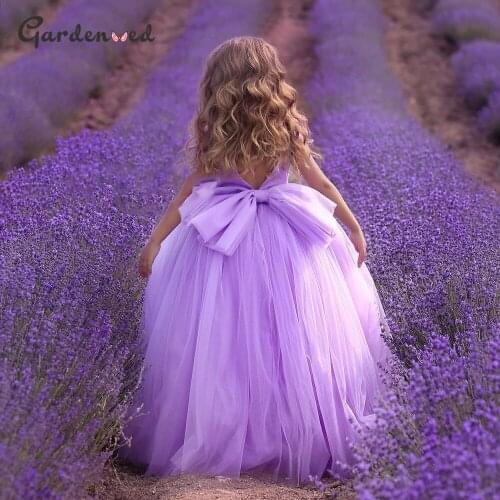 Lilac Girl Princess Dress Tulle Puffy Girl Birthday Dresses Cute Flower Girl Dress Bow Little Baby Party Gown First Communion