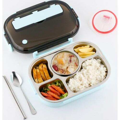 Student Thermal Insulation Lunch Box Five Compartments with Soup Bowl Sealed 304 Stainless Steel Lunch Bento Box Free Tableware