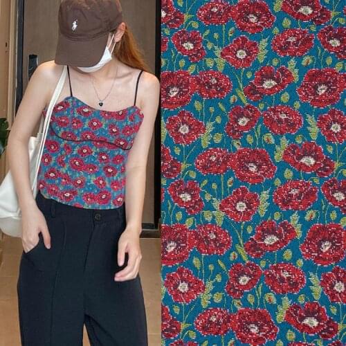 Deep Red Rose On Blue Jacquard Fashion Fabric For Dress Coat Tecido Cheap Fabric Tecidos Para Roupa Shabby Tissu Vestidos Ткани