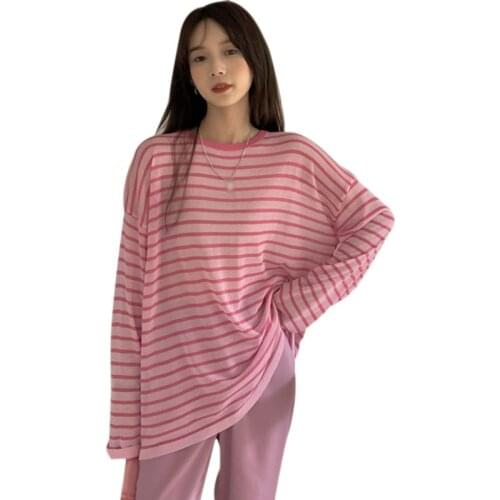 Thin Ice Silk T-shirt Womens Summer Loose Striped Tee Air Conditioning Shirt Sunscreen Long Sleeve Top