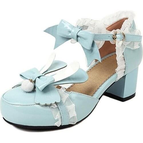 Ankle Strap Lolita Shoes Womens Platform High Heels Block Heel Cute Pumps Bow Ladies Office Footwear Cosplay Blue Pink Purple