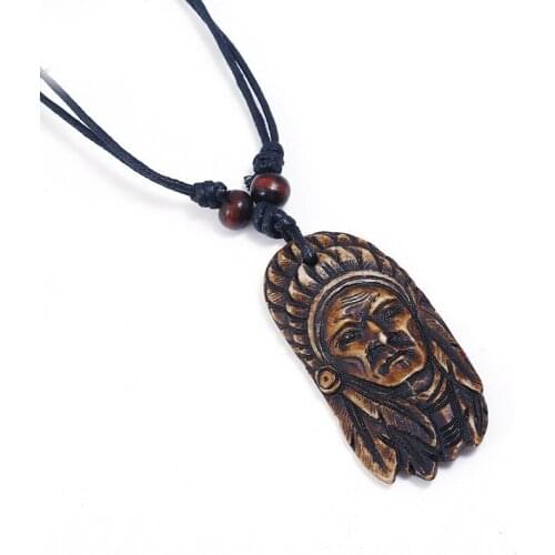 Fashion Vintage Tribal Indian Chief Head Pendant Necklace Ethnic Carved Charm Adjustable Long Rope Leather Chain Unisex Jewelry