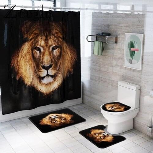Zeegle Lion Printed Bath Mat Set Shower Curtain with Hooks Waterproof Bathroom Curtain Anti Slip Bathroom Cover Toilet Seat Mat