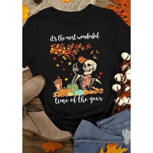 Colored Halloween Skeleton Leopard Pumpkin Maple Leaf T-Shirt funny 100% Cotton graphic women grunge unisex tshirt fit top tee