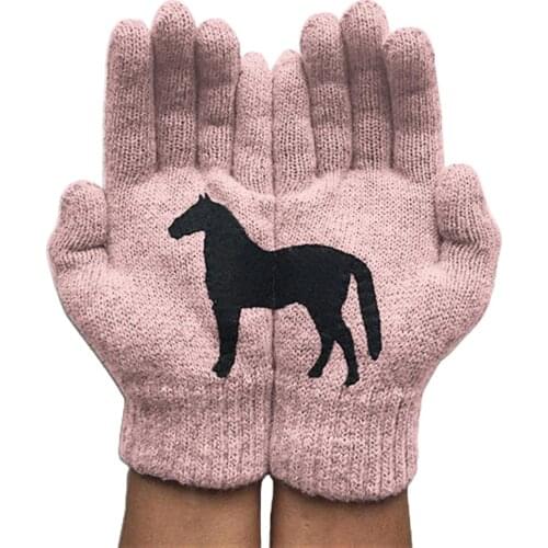 1 Pair Women Winter Knitted Gloves Thick Wool Cashmere Mitten Woolen Cartoon Horse Pattern Floral Print Outdoor Coldproof Glove