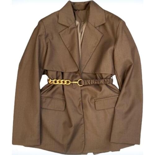 Blazer Bandage Vintage Denim Jackets for Women 2021 Black Coffee Long Sleeve All Match Casual Loose Coats Womens Clothing