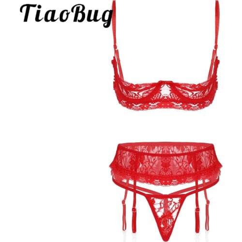 Womens Erotic Lingerie Underwear Set Sexy Lace Open Cup Underwired Bra with G-String Garter Belt See-Through Sexy Underwear