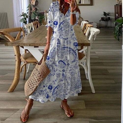 Women Elegant V-Neck Summer Dresses Casual Short Sleeve Dresses Embroidered Slim Long Dress Vintage Drawstring Design Dress
