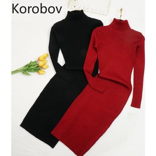 Korobov 2020 Autumn Winter Turtleneck Women Dress Korean Solid Basics Long Sleeve Bandage Dresses Vintage Office Lady Dress
