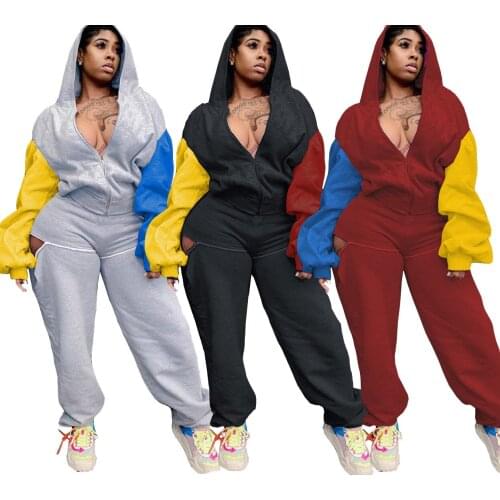 Winter Clothes 2 Piece Set Tracksuit Women Hollow Out Sleeve Hoodies Holes Pants Sportwear Suit Hooded Sweatershirt Sets Female