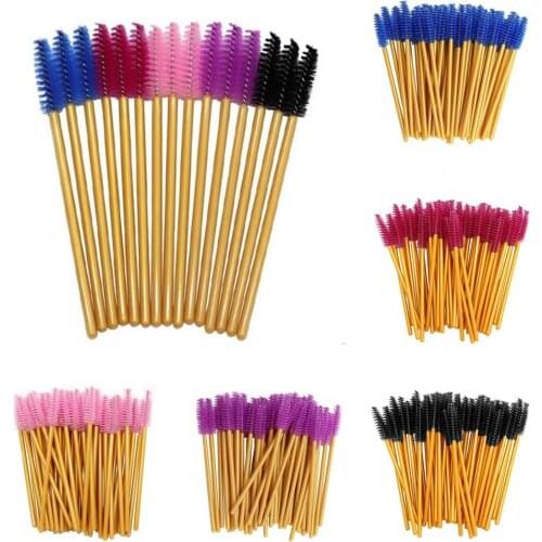 50Pcs/Pack Disposable Micro Eyelash Brushes Mascara Applicator Wand Brushes Comb Eye Lashes Brush Makeup Tools Gold Handle