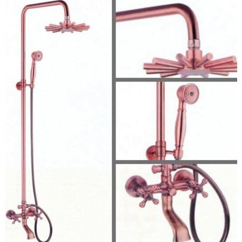 Antique Red Copper Wall Mounted Rain Bathroom Rainfall Shower Faucet Set with Tub Mixer Tap 2rg005