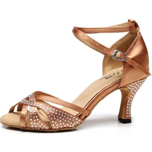 Ballroom Outdoor Jazz Salsa Dance Rhinestones Satin Women Dancing Shoes Plus Size Latino Dancers High Heels with Rhinestone