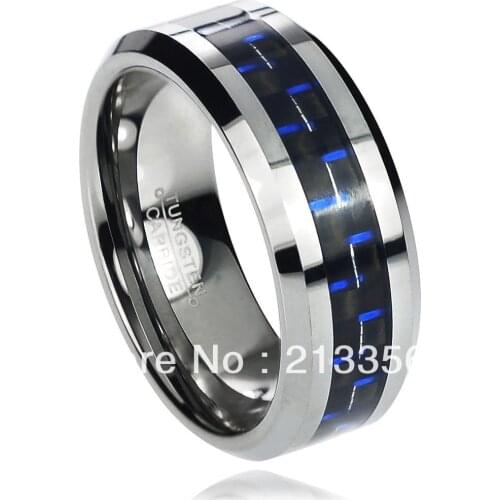 Free Shipping Buy Cheap Price Discount Sales USA HOT Selling 8MM Men&Womens Blue Fiber Inlayed Beveled Tungsten Wedding Rings