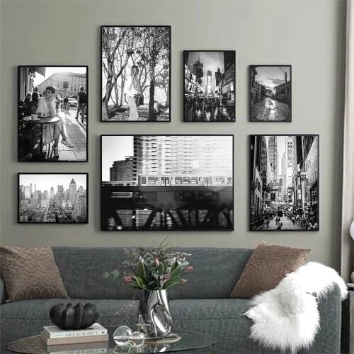 Black And White City Girl Wall Art Canvas Print Street Scenery Poster Modern Art Painting Nordic Wall Pictures Living Room Decor