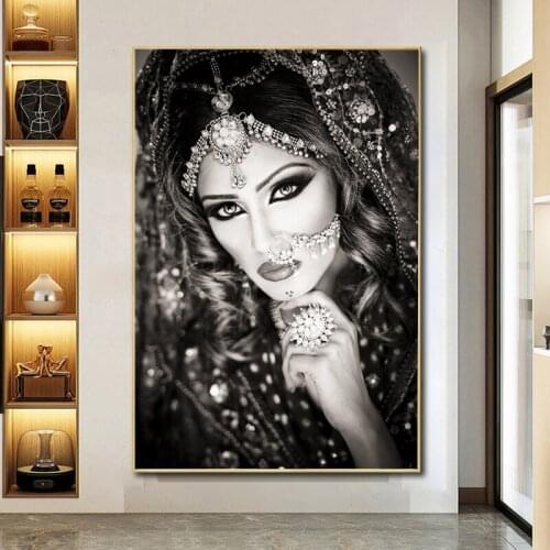 Black and White Indian Beautiful Woman Canvas Painting Poster and Prints Wall Art Pictures for Living Room Home Hotel Decoration
