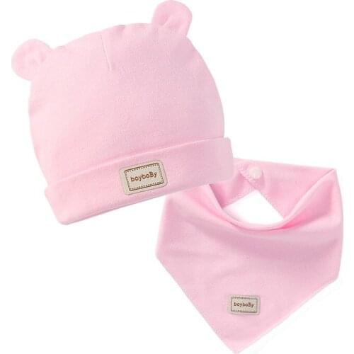 3 color eslatic headscarf double layer cotton baby caps&hats with baby bibs set pink yellow and sky blue for newborn infant