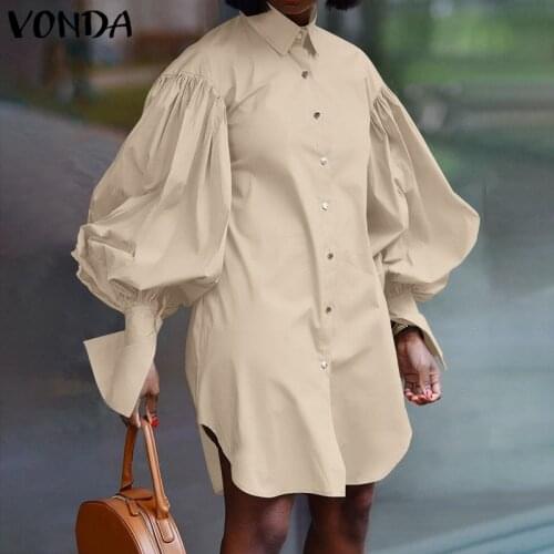 Elegant OL Dress 2021 VONDA Summer Sundress Women Lapel Collar Puff Sleeve Party Knee-Length Dress Casual Shirt Vestido Oversize