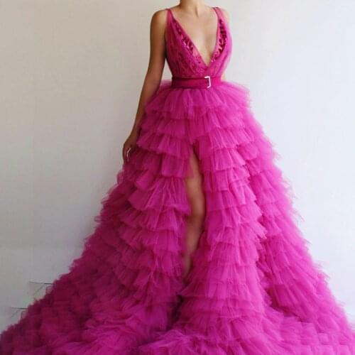 Open V-neck Rose Ruffled Tulle Ball Gowns Slit Side Rose Wedding Gowns Layers Skirt Bridal Gown with Belt