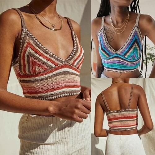 Hirigin Colorful Striped Knitted Cami Tops Vintage Summer Beach Boho Sexy Sleeveless Spaghetti Strap Crop Women Y2K Aesthetic