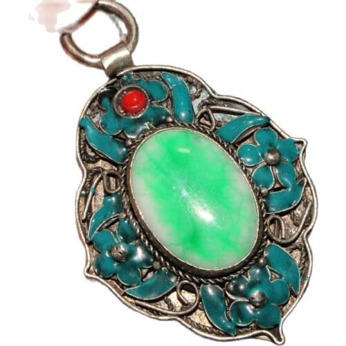 China Old Tibetan Silver Cloisonne Inlaid Emerald Four Corner Pendant