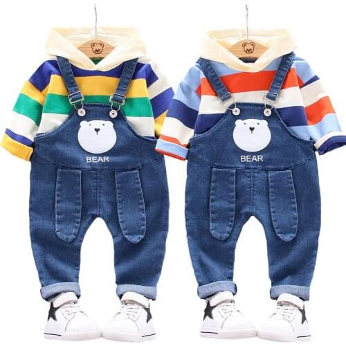 Baby Girls Clothing Set Spring Stripe Hooded + Overalls Jeans 2pcs Suit For Kids 2021 New Style Outfits Toddler Children Clothes