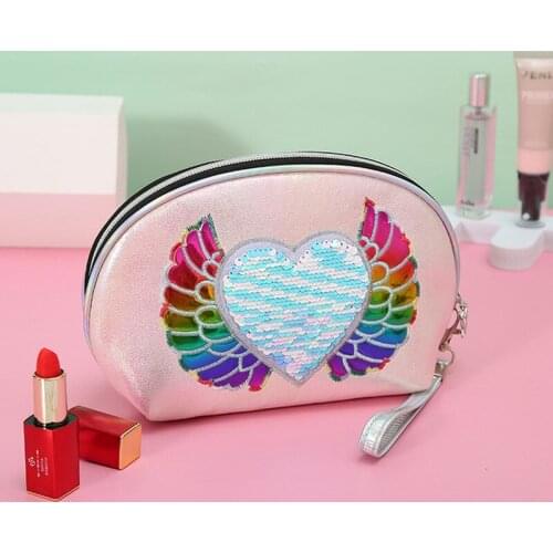 Cosmetic Bag Women Girls Wallet Glitter Mermaid Sequin Wings Pattern Coin Card Purse Pouch Travel Makeup Case Zipper Storage Bag