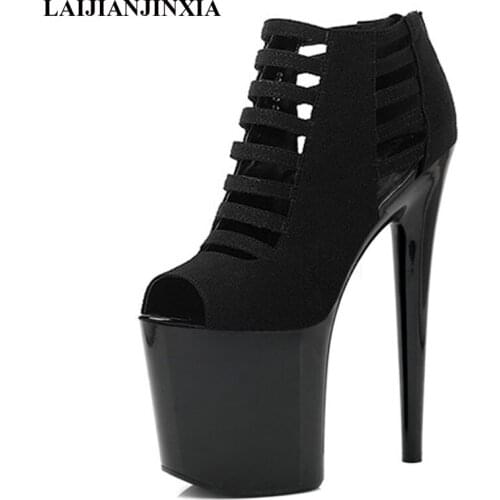 LAIJIANJINXIA New Black Gladiator Style Ankle Boots For Women 20cm Super High Heels Summer Shoes Ladies Boots Open Toe Heels