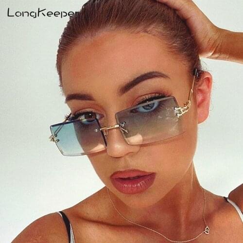 LongKeeper Retro Small Rectangle Sunglasses Women Brand Designer Rimless Square Sun Glasses Woman Men Shades Alloy Glasses UV400