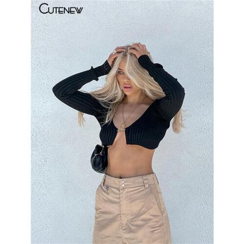 Cutenew Solid Kintted Long Sleeve Pin Crop Tops Women Sexy Skinny V-Neck Stretchy T-Shirts Autumn Slim Wild Lady Tees Streetwear