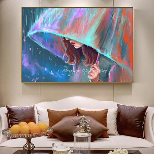 Handmade Unique Gifts Oil Paintings The Girl Open An Umbrella In The Rain Wall Pop Art Pictures For Home Decor Free Shipping
