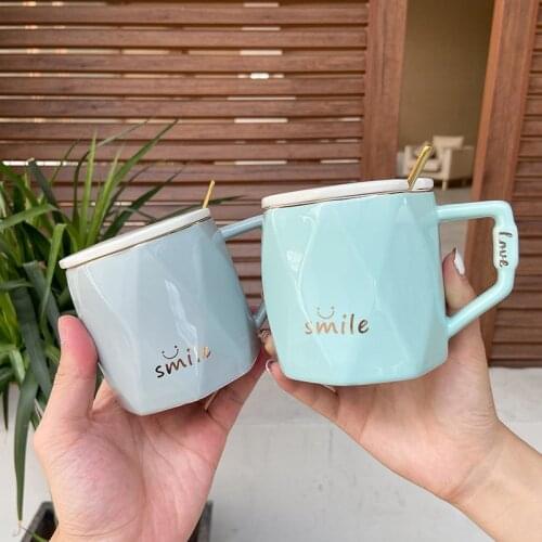 Fashion diamond mug With Lid and Spoon Coffee Milk Tea Mugs Breakfast Cup Drinkware teacup Novelty Gifts