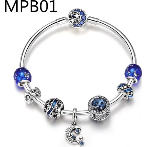 MPB1 Fashion Star with Moon Charm alloy Bracelet Blue Crystal Glass Beads Bracelets & Bangles for Women Jewelry Gift