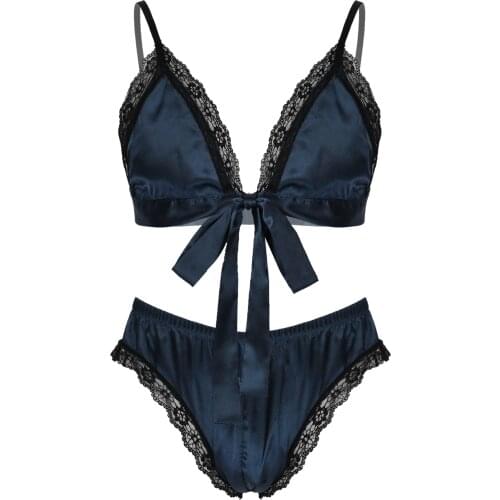 Men Satin Pajama Set Lace Trim Sissy Nightwear Outfits Sleepwear Adjustable Shoulder Straps Lace-up Bra Top with Erotic Briefs