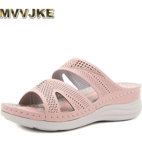 MVVJKE Womens Beach Slippers 2021 Summer Women Lady Retro Hollow out Casual Beach Open Peep Toe Sandals 3 colors Shoes Slides
