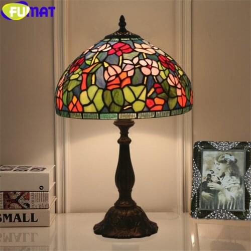 FUMAT tiffany style desk light red rose pink orchid green leaf stained glass table lamp handcraft home decor dia 30cm lampshade