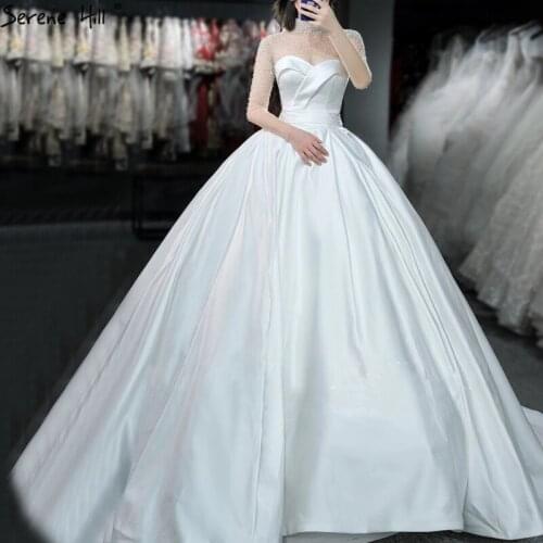 Serene Hill Satin White Long Sleeves Wedding Dress 2020 High-end Beading Pearls Sexy Bridal Gown Custom Made CHA2422