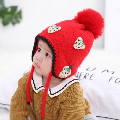 Newborn Baby Boy Girl Fruit Print Beanies Baby Hat Pompon Winter Children Hat Knotted Warm Earflap Knit Crochet Beanie Cap