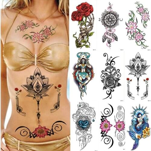 Flower Navel Tattoos Temporary Art Tattoo Waterproof Man Women Fake Simulation Tattoo Sticker Snake Mermaid Sexy Fake Stickers