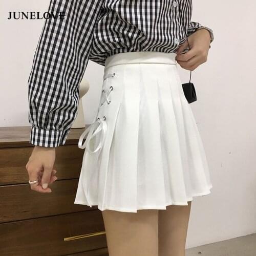 JuneLove Women Summer A Line High Waist Pleated Skirts Vintage Harajuku Gothic Punk Hip Hop Bow Lace-Up Preppy Girls Sexy Skirts