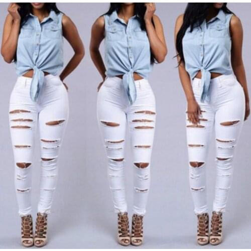 Womens High Waist Denim Pants Distressed Ripped Skinny Leg Jeans Long Trouser