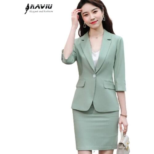 Stripes Suits Women New Spring Summer Fashion Temperament Formal Half Sleeve Slim Blazer And Skirt Office Ladies Work Tops