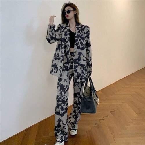 Tie-dye Casual Suit Women Set 2021 New Fashion Temperament Womens Blazer High Waist Wide Leg Suit Pants Trousers Two-piece Set