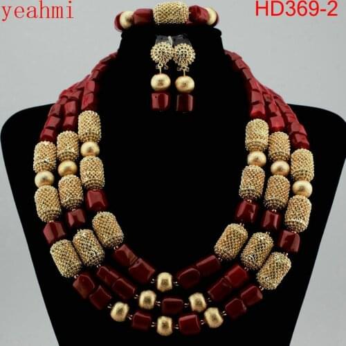 Red Coral Jewelry Sets for Women Fantastic Red and Gold Nigerian Wedding Gift Coral Bead Necklace Jewelry Set for Brides HD369-1