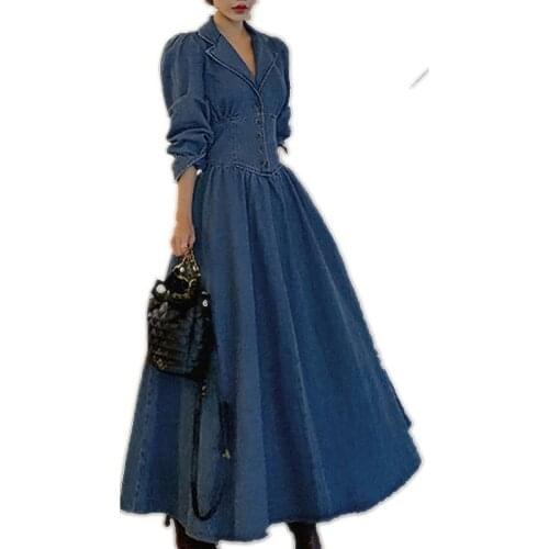 Spring autumn vintage puff sleeve denim dress women v-neck high waist slim big swing long a-line dress
