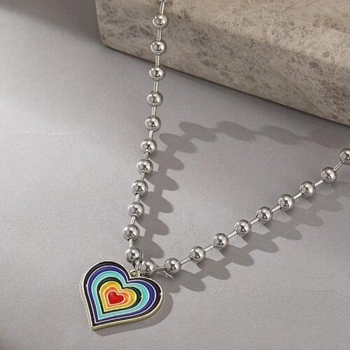 IF ME Vintage Colorful Multiple Love Heart Necklace Pendant for Women Girl Silver Hiphop Punk Long Beads Chain Necklaces Jewelry