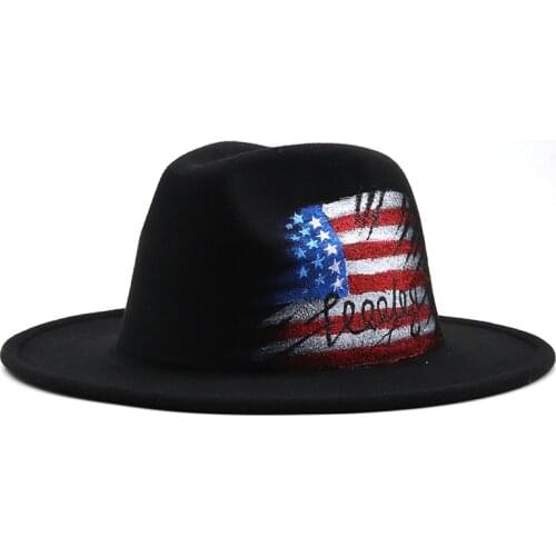 2021 Handmade Painted American flag Wool Felt Black Fedora Hat For Women/Men Wide Brim Autumn Winter Panama Jazz Cap