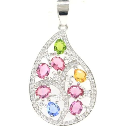 45x23mm Multi Color Tourmaline Violet Tanzanite Green Peridot CZ Gift For Ladies 925 Sterling Silver Pendant