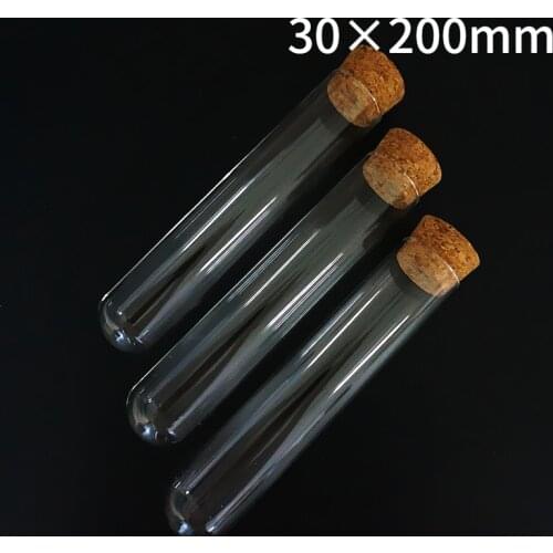 / 6pcs/lot 30x200mm Transparent Glass Round Bottom Test Tubes with Cork stopper for School/Laboratory Glassware