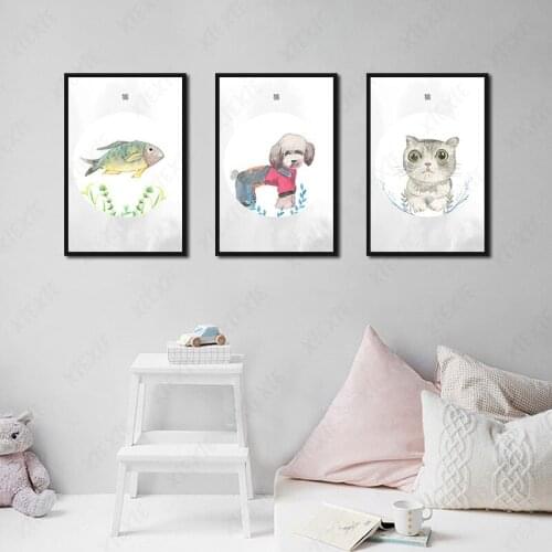 Abstract Wall Art Animals Paintings Cute Dog Cat Fish Nordic Canvas Posters Prints for Living Room Bedroom Corridor Decoration
